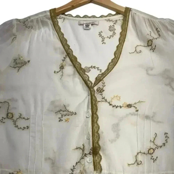 Feminine Light Cotton Deep V Short Sleeve Embroidered Button Closure Scalloped - Picture 11 of 15